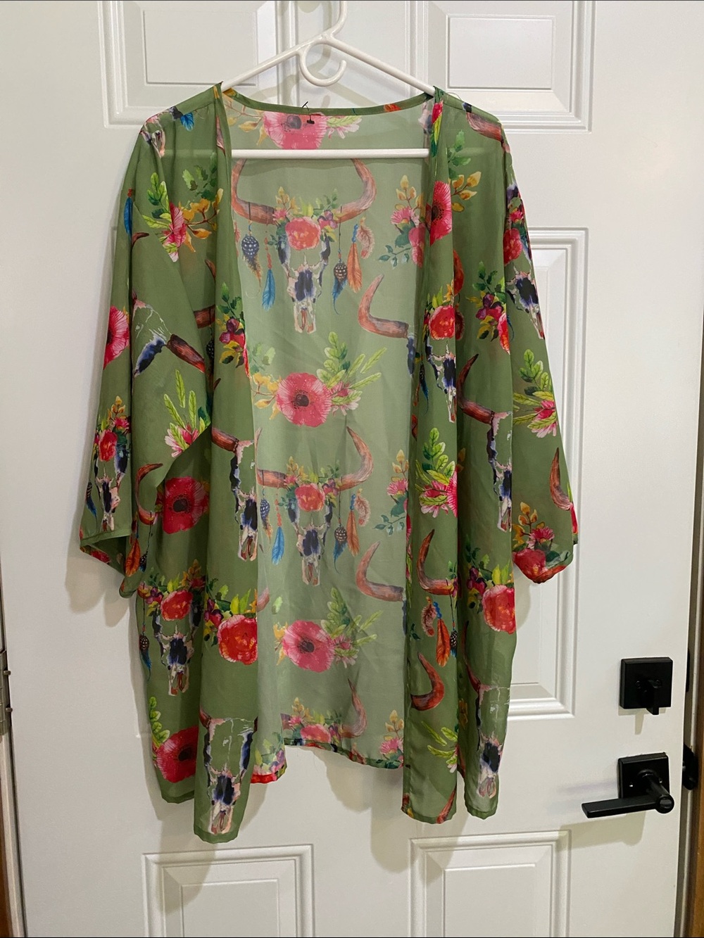 Olive Floral Skull Sheer Kimono Tunic - Lightweight Layering